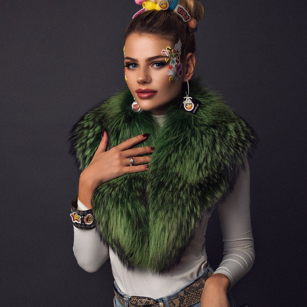 Chaqueta de cuello de piel verde - Abrigo de bufanda desmontable - Envoltura de piel nupcial - Regalo de San Valentín de lujo para la esposa