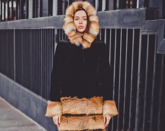 Abrigo de piel de zorro - Chaqueta de invierno para mujer - Abrigo negro de gran tamaño - Regalo de lujo para esposa