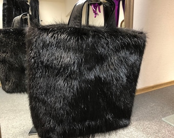 Black Fur Tote Bag – Real Beaver Fur Handbag | Large Winter Shoulder Bag | Luxury Gift for Her