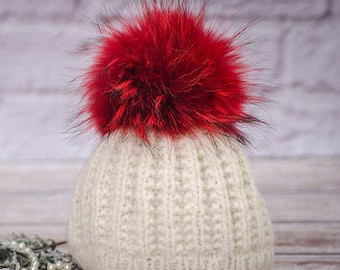 Waschbärfellbommel rot | Abnehmbarer Beanie Pompom