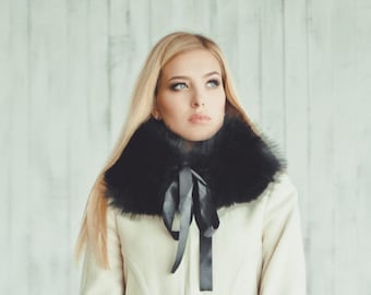 Black Raccoon Fur Collar Scarf | Detachable Winter Wrap