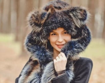Gorro de invierno con capucha y orejas de peluche de piel de zorro azul