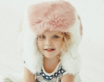Toddler Winter Fur Hat Real Rabbit Fur Bunny Ear Hat for Kids