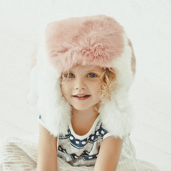 Bonnet d'hiver en fourrure pour tout-petit - Bonnet bébé oreilles de lapin - Chapeaux roses petites filles - Chapeau de trappeur pour enfant