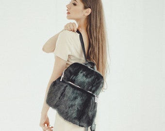 Black Mink Fur Backpack - Womens Fur Bag - Backpack Purse