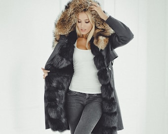 Fur Parka Coat For Women- Hodded Winter Coat - Long Coat - Womens Windbreaker - Gift for her