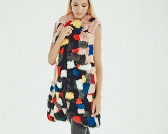Colorful Rabbit Fur Vest | Patchwork Suede Gilet