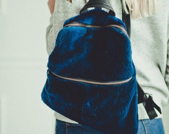 Blue Fur Backpack - Real Fur Backpacks  - Womens Fur Bag - Backpack Purse