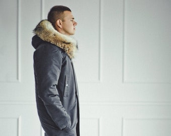 Mens Fur Lined Parka Black Coyote Fur 