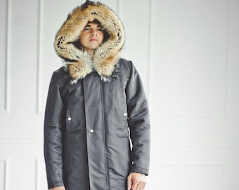 Mens Coyote Fur Parka Coat - Winter Jacket for Men  - Long Hooded Mens Coat