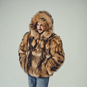 Mens Raccon Fur Jacket  - Hodded Coat Men - Winter Coats  Male - Oversized Bomber