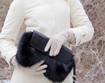 Black Fox Fur Clutch – Leather Evening Handbag, Winter Wedding