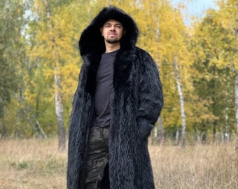 Abrigo de piel largo con capucha para hombre - Abrigos de piel reales negros para hombre - Abrigos de piel de gran tamaño para hombre - Regalo de lujo para hombres