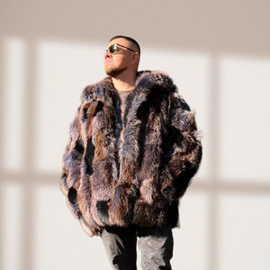 Blue Mens Real Fur Jacket I Winter Oversized Raccoon Fur Coat