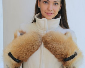 Fox Fur Gloves - Real Fur Hand Warmers - Mittens Women - Mens Winter Arm Warmers