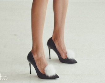 White Shoe clips - Real Fur pom poms for weding Bridal  shoes
