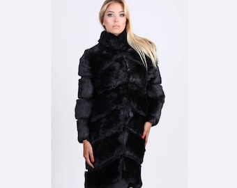 Konijnenbontjas - Dames winterjas - Zwarte lange jas - Cadeau voor haar