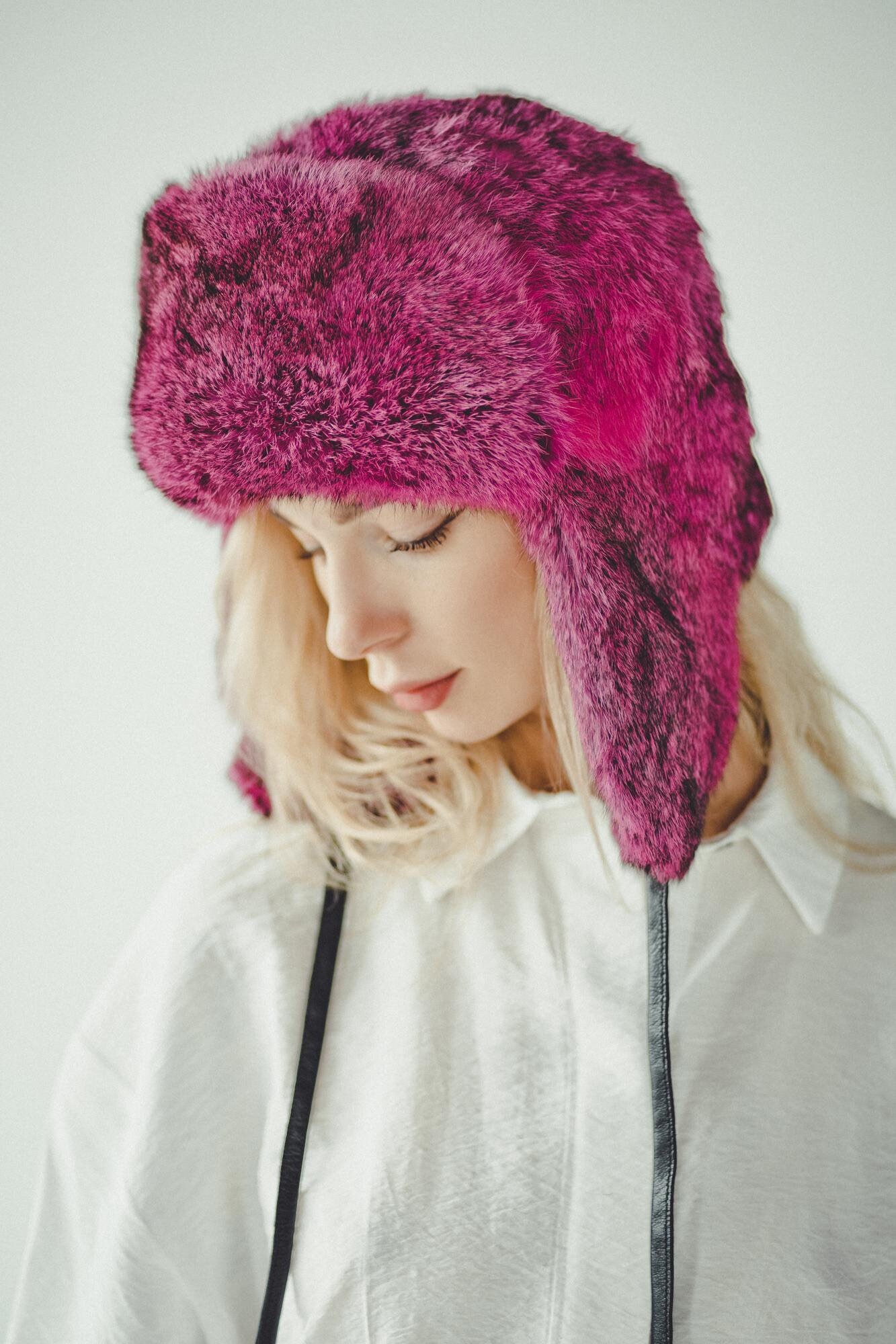 Black Rabbit Fur Hat With Ear Flaps | Ushanka Trapper Hat 