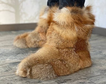 Fox Fur Boots Men Women - Real Fur Home Booties - Furry House Boots Shoes