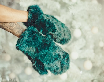 Green Fur Gloves - Rabbit Fur Hand Warmers  - Mittens Women - Mens Winter Arm Warmers