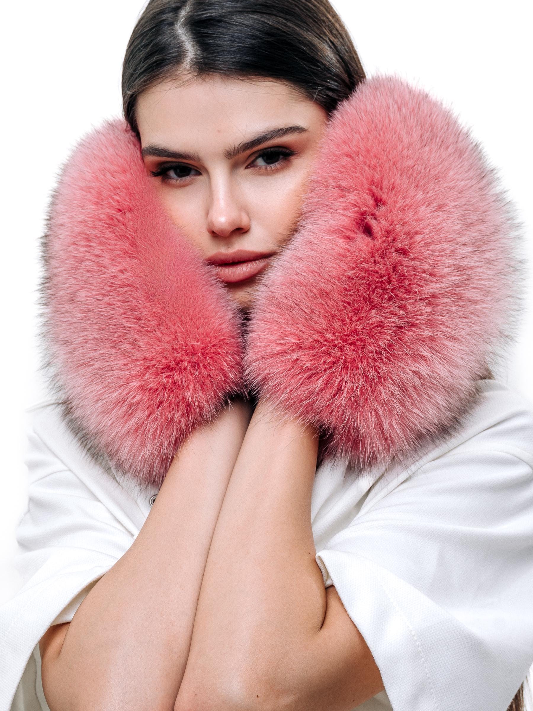 Pink Fur Mittens – Real Polar Fox Fur Gloves for Women & Men