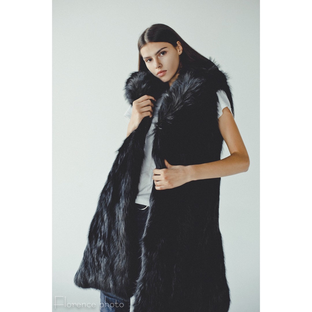 Black Long Fox Fur Vest for Women | Real Fur Sleeveless Coat