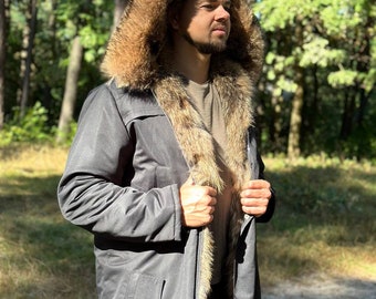 Abrigo Parka de piel de coyote para Mena- Chaqueta Parka de piel real para hombre - Abrigo Parka con capucha para hombre