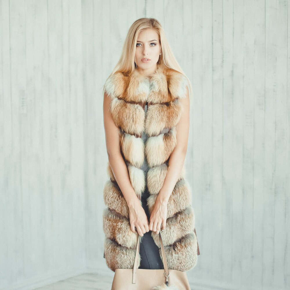 Long Red Fox Fur Vest | Genuine Leather Accents - Etsy