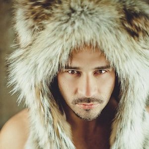 Coyote Fur Hood Hat | Winter Animal Hat with Ears