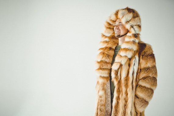 メンズ ロング丈 レッドフォックスファーコート フード付き - 本物の