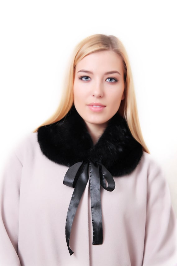 Black Mink Fur Collar | Luxury Real Fur Scarf with Ribbon