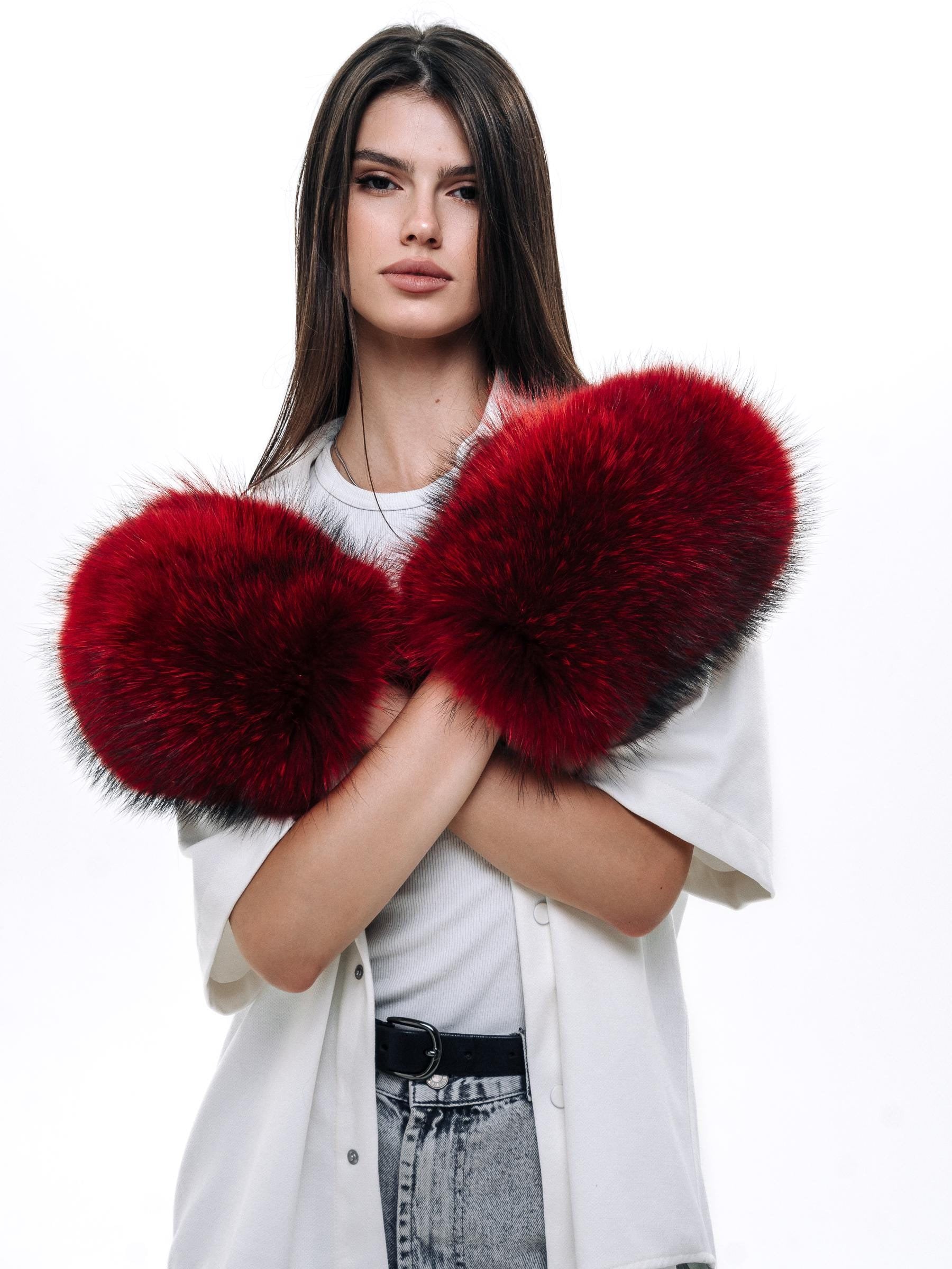 Guanti Donna In Pelle Rossa Con Bordo In Pelliccia Di Volpe &ndash; Taglia 8/XL &ndash; Damco