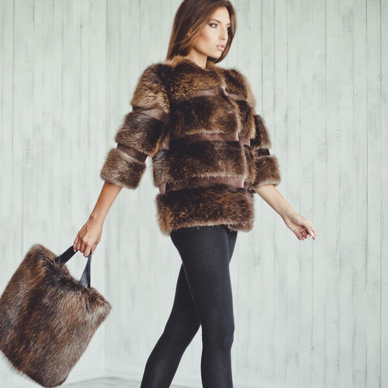 Black Fur Tote Bag – Real Beaver Fur Handbag | Large Winter