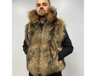 Mens Fur Vest - Raccoon Mens Fur Vest - Real Fur Vests Men