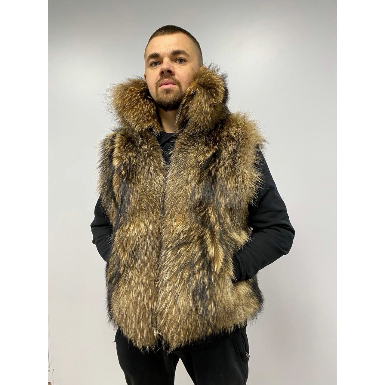 Men Faux Fur Vest Jacket Sleeveless Winter Body Warm Coat Hooded Waistcoat Gilet Parka Cardigan Outerwear Overwear 