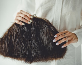Brown Fur Clutch Bag - Real Fur Handbag - Evening Purse - Gift for Mum