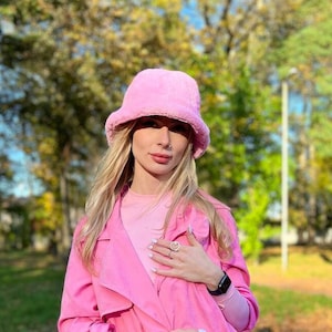 Pink Rabbit Fur Bucket Hat | Real Shared Fur Panama Hat | Women’s Winter Hat | Unisex Warm Furry Hat