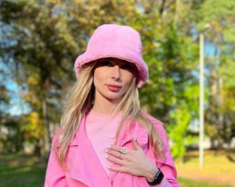 Pink Fur Bucket Hat - Womens Real Fur Winter Hats - Pink Panama - Pink fur Panama Kalush