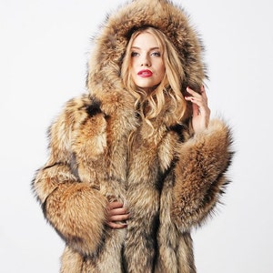 Womens Winter Coat Raccon Fur Jacket Hooded Coats Anniversary Gift for ...