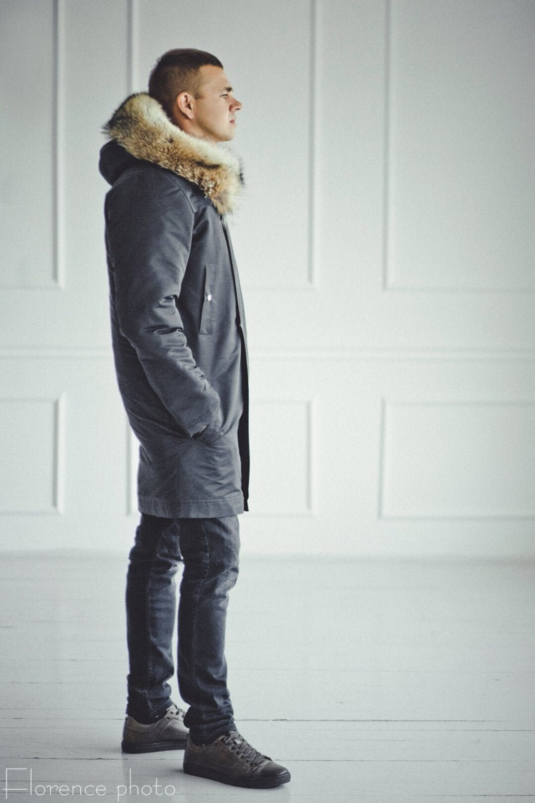 Mens Fur Lined Parka Black Coyote Fur Coat for Men Winter Jacket With