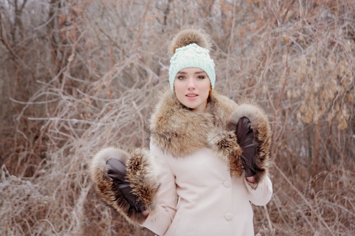 Raccoon Fur Gloves Real Fur Mittens Women Winter Arm | Etsy