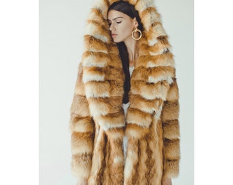 Hoodded Fox Fur Coat Women - Long Winter Coats - Red Fur jacket  Womens