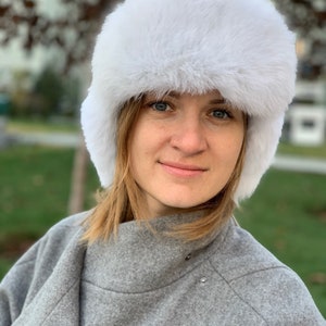 White Fur Hat with Ear Flaps Ushanka Russian Womens Aviator Hat image 2