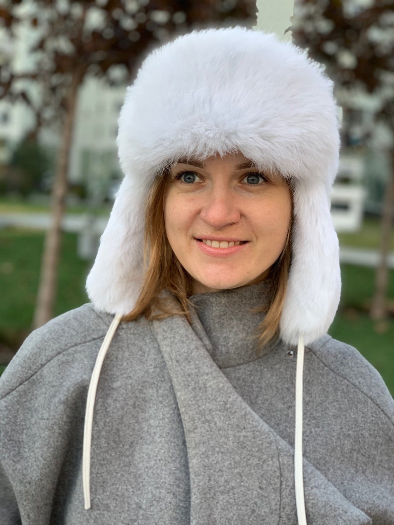 White Fur Hat with Ear Flaps Ushanka Russian Womens Aviator Hat White