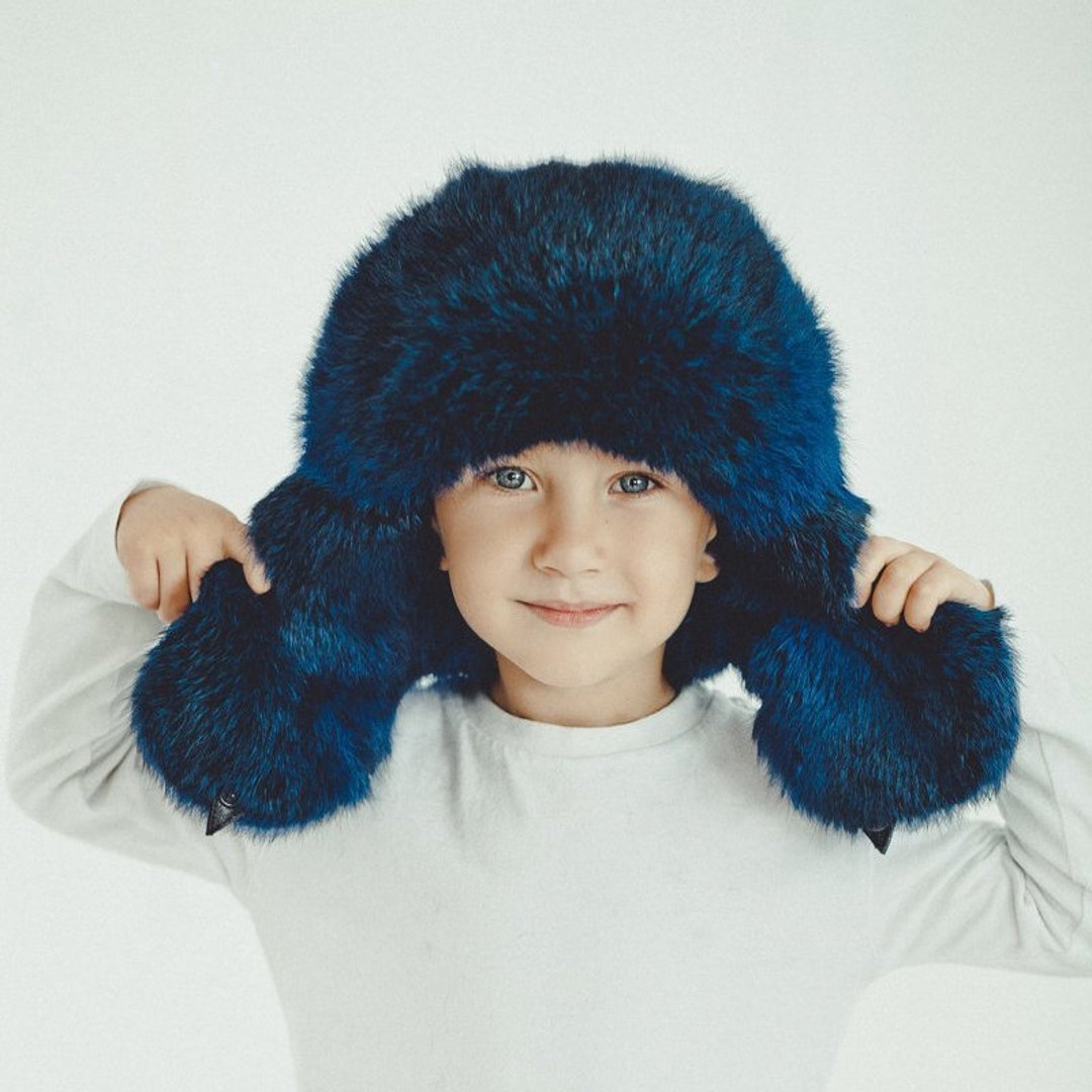 Blue Rabbit Fur Toddler Hat | Real Fur Baby Ushanka | Kids Aviator ...