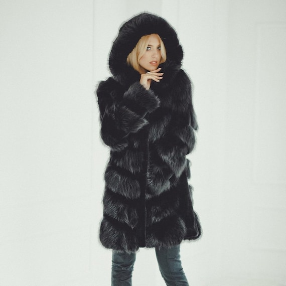 Fox Fur Coat With Hood Long Winter Hooded Coats For Women Fox Fur Coat With Hood Long Winter, Black Fox Fur Hooded Coat Womens