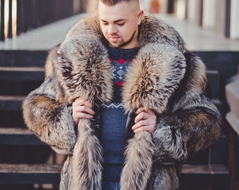 メンズ ロング シルバーフォックスファーコート I オーバーサイズ