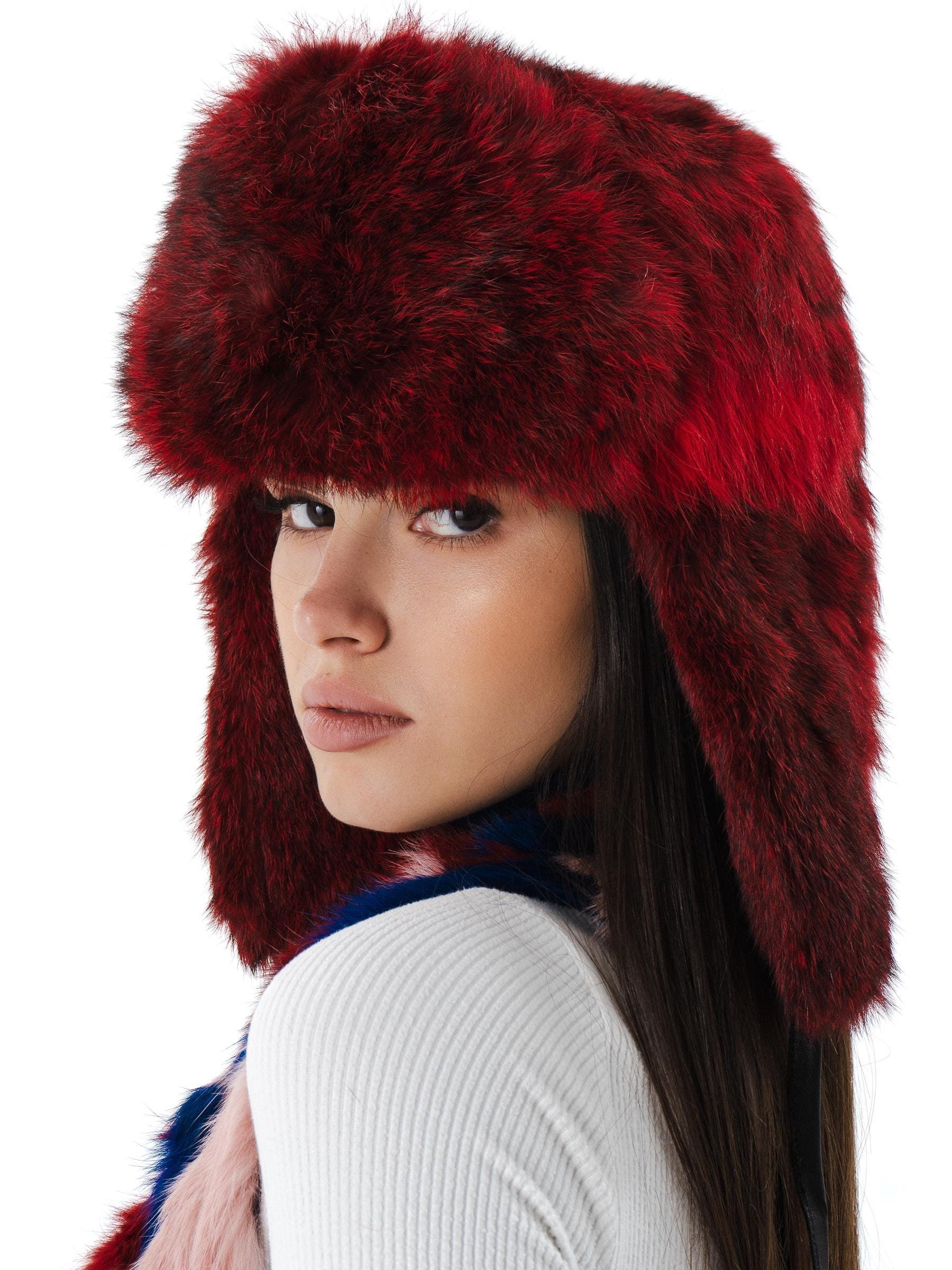 Red Real Rabbit Fur Ushanka Hat | Trapper Winter Hat With
