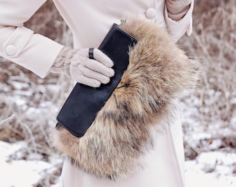 Waschbären Pelz Clutch - Leder Abendtasche, Handgemacht