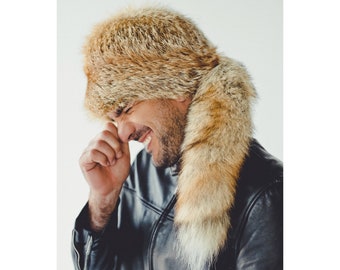 Men's Fox Fur Hat with Tail  - Winter Trapper Hat